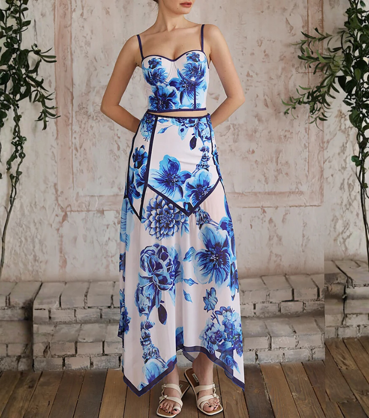 Floral Series Pattern Print Bikini Swimsuit and Skirt