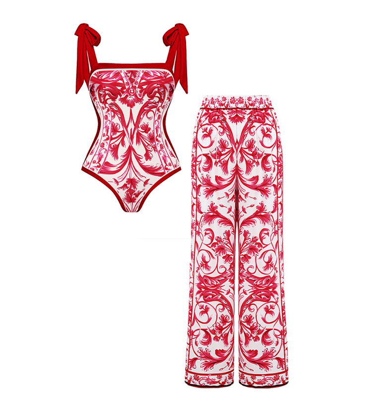 Reversible Tie-shoulder Baroco Style Printed One Piece Swimsuit and Skirt Flaxmaker