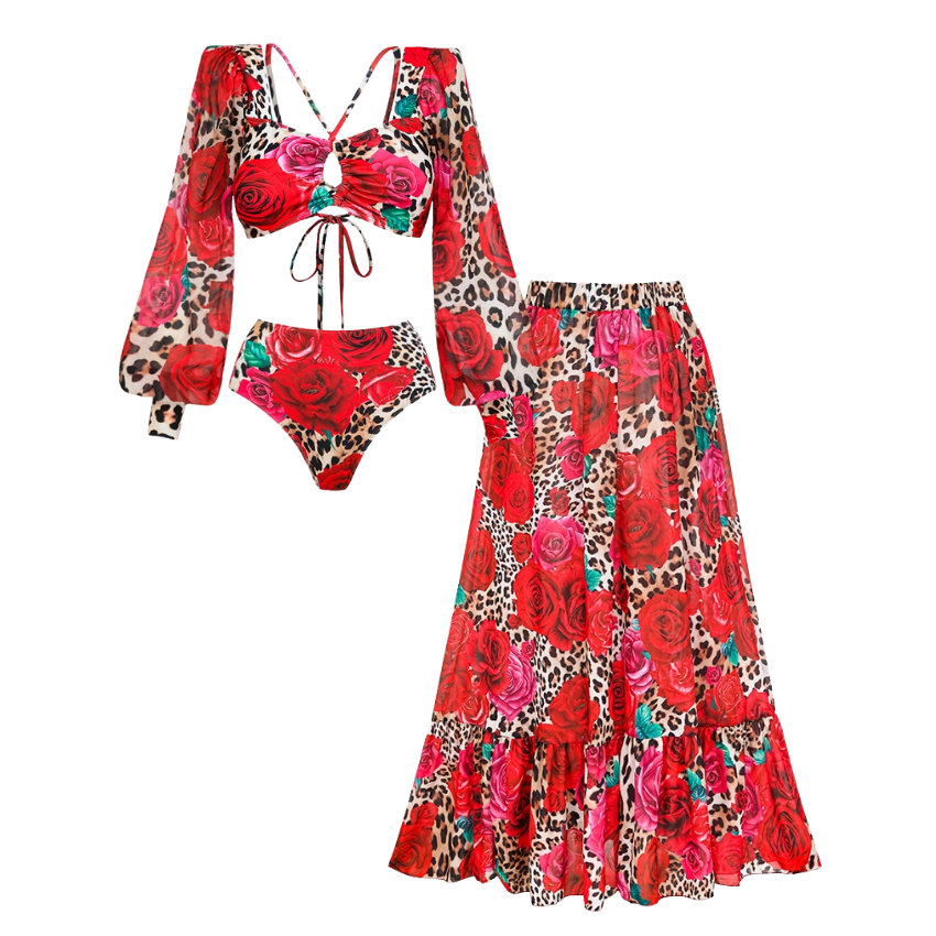 Lace Up Chiffon Long Sleeves Leopard Print High Waist Bikini Swimsuit and Skirt