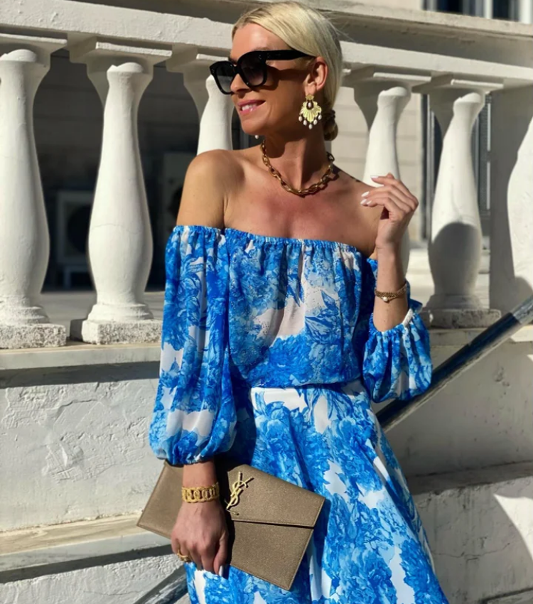 Oblique Shoulder Puff Sleeve Dress