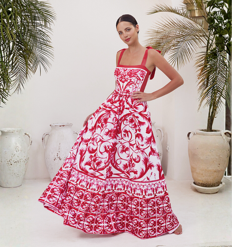 Reversible Tie-shoulder Baroco Style Printed One Piece Swimsuit and Skirt Flaxmaker