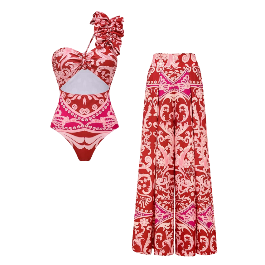 One Shoulder Ruffled Cutout One Piece Swimsuit and Pant Flaxmaker