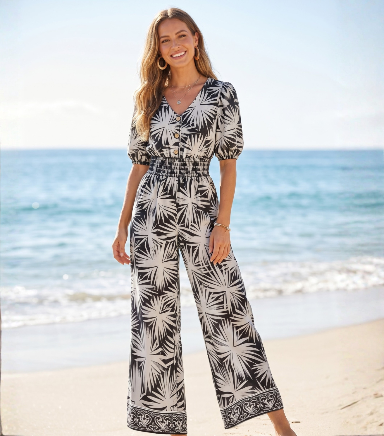 Black Palm Puff Sleeve Wide Leg Jumpsuit