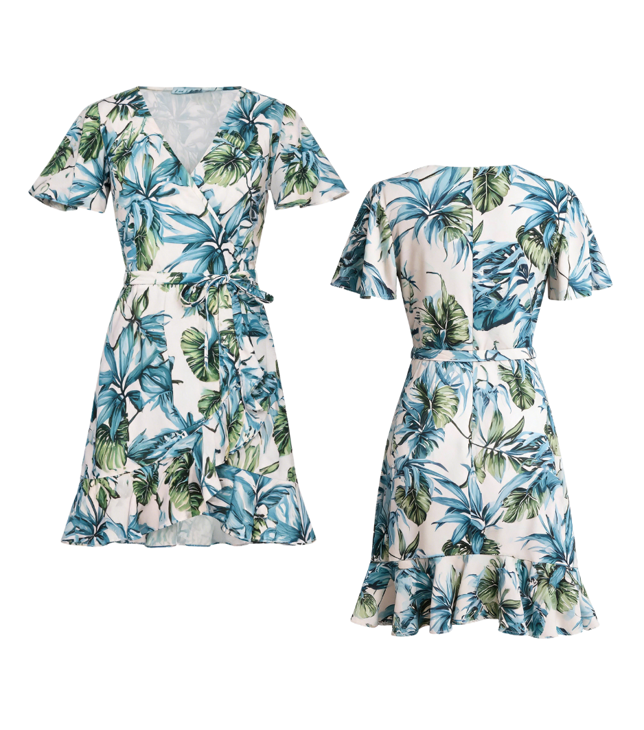 Tropical Leaf Print Short Sleeve Wrap Mini Dress