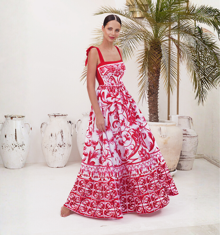 Reversible Tie-shoulder Baroco Style Printed One Piece Swimsuit and Skirt Flaxmaker