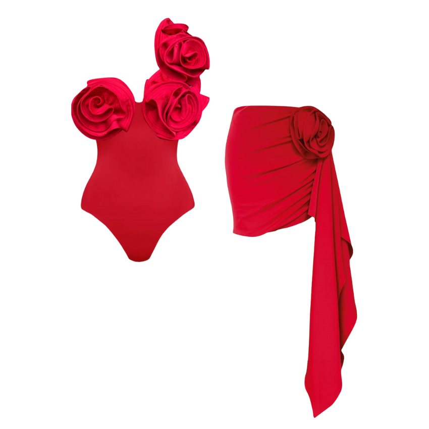 3D Flowers One Shoulder Red One Piece Swimsuit and Draped Mini Skirt Flaxmaker