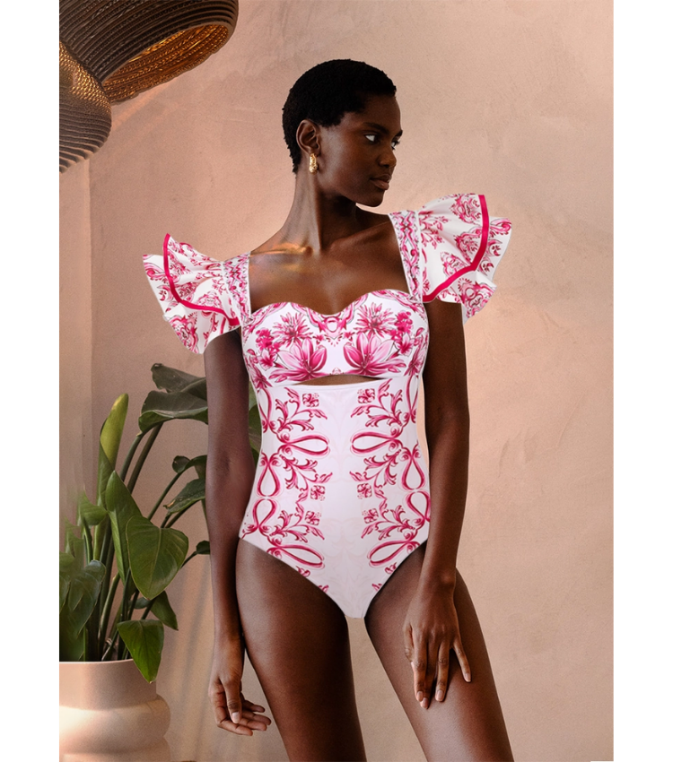 Ruffle Cut Out Lily and Majolica Series Pattern Print One Piece Swimsuit and Skirt or Pants