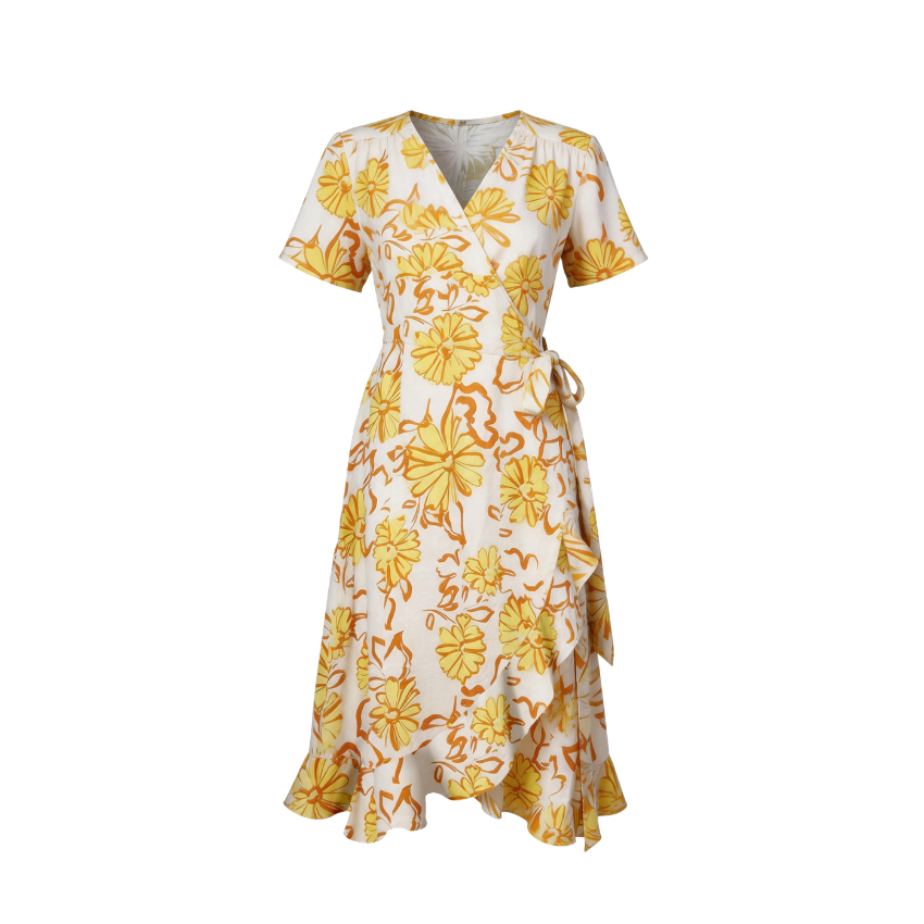 Yellow Floral Wrap Front Short Sleeve Midi Dress