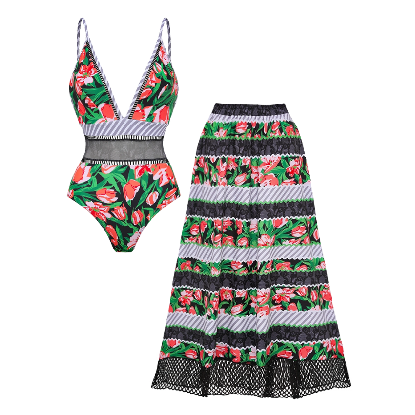 Sling Lace Splicing Printed Swimsuit and Skirt