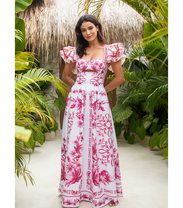 Ruffle Cut Out Lily and Majolica Series Pattern Print One Piece Swimsuit and Skirt or Pants