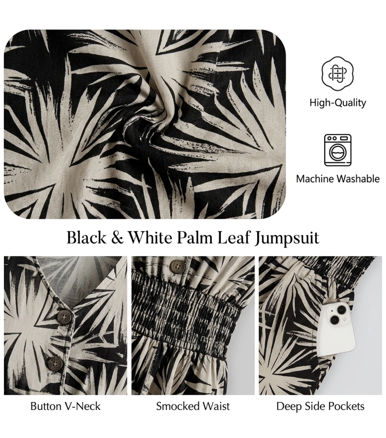 Black Palm Puff Sleeve Wide Leg Jumpsuit
