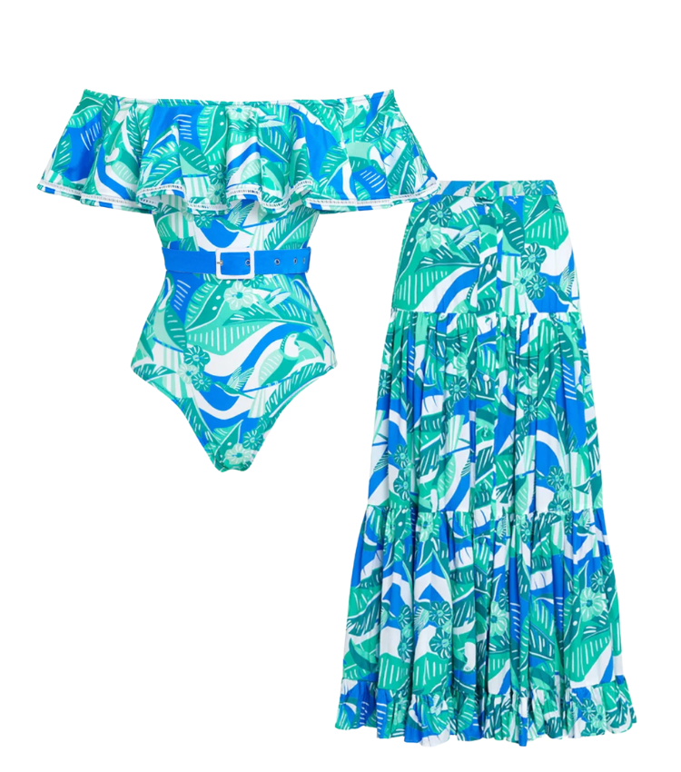 Off  Shoulder Ruffled Printed One Piece Swimsuit and Skirt