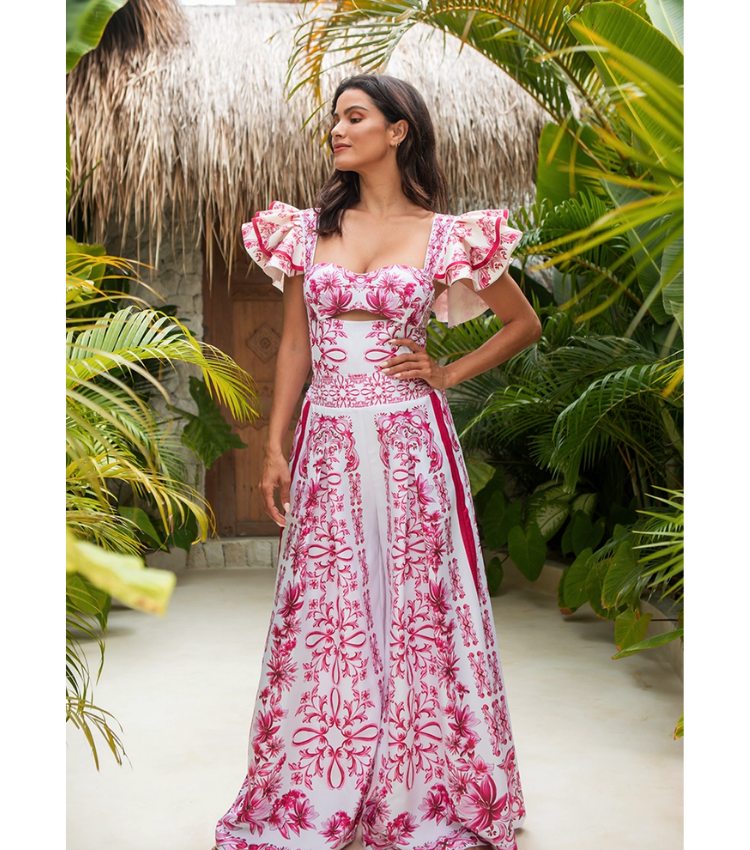 Ruffle Cut Out Lily and Majolica Series Pattern Print One Piece Swimsuit and Skirt or Pants