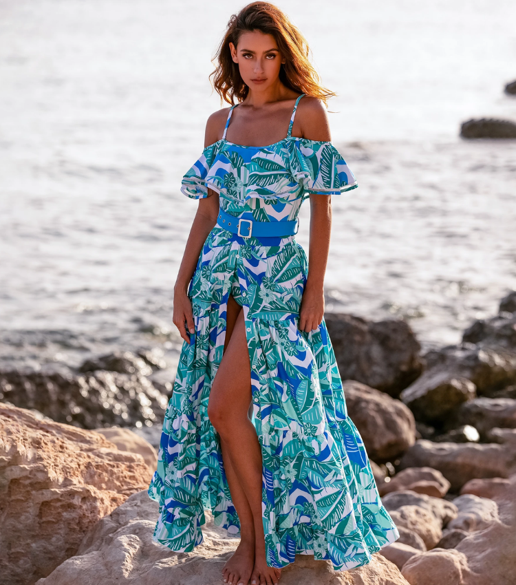 Off  Shoulder Ruffled Printed One Piece Swimsuit and Skirt