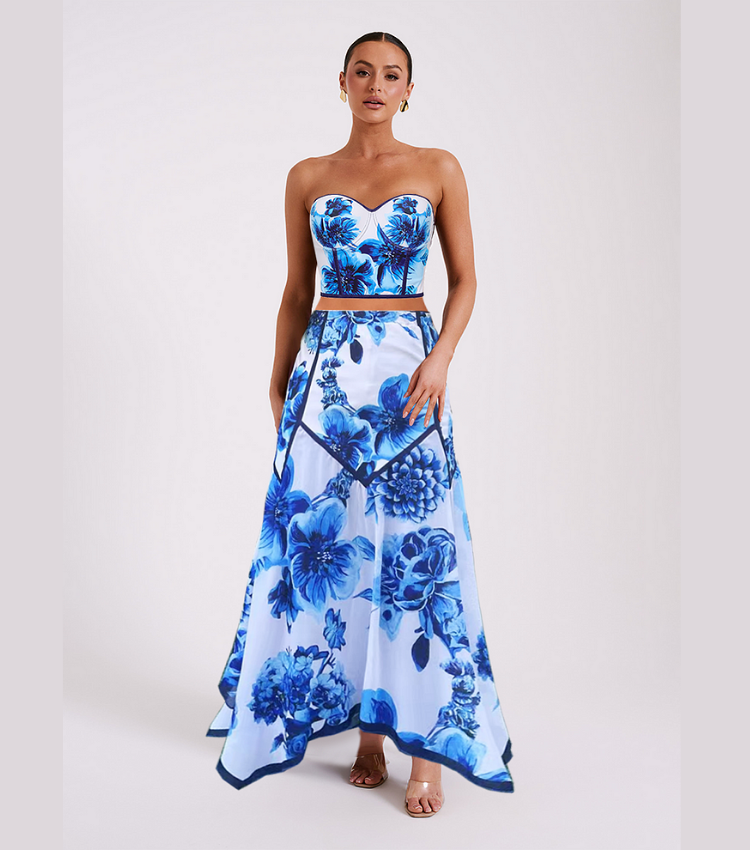 Floral Series Pattern Print Bikini Swimsuit and Skirt