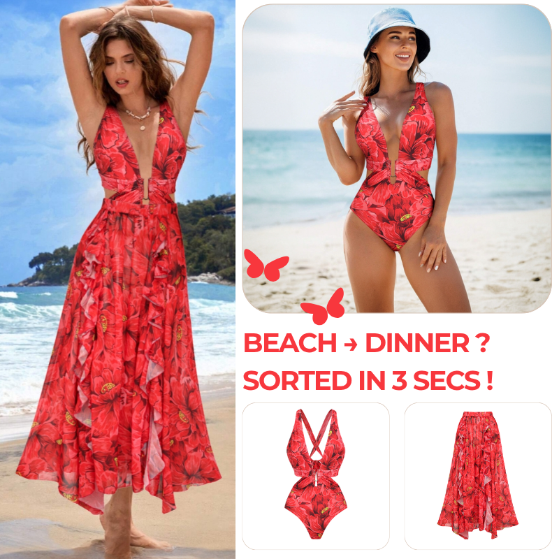 Blooming Red Flower Print Cut Out One Piece Swimsuit and Skirt
