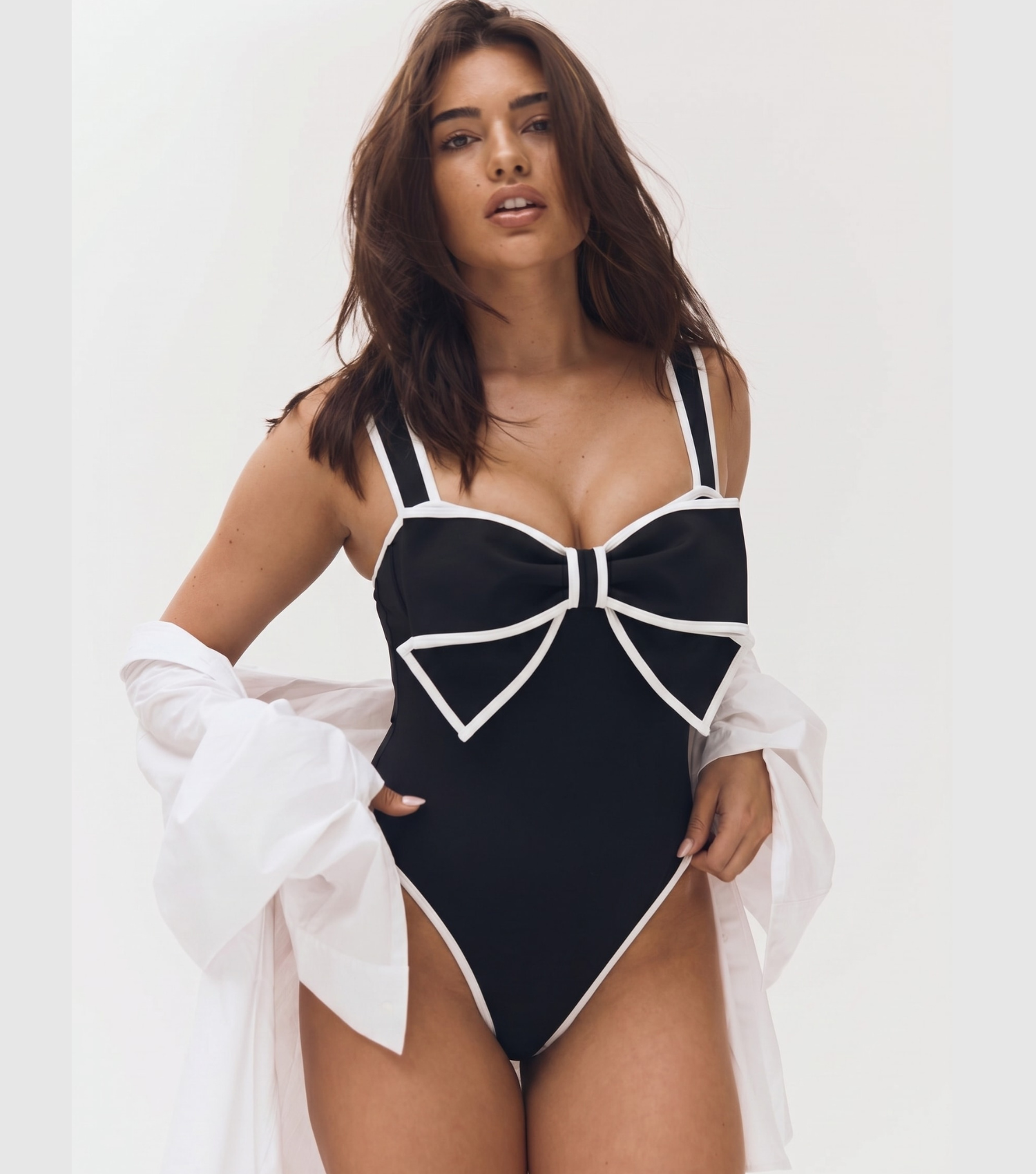 Plus Size Black and White Bow Decor One Piece Swimsuit and Skirt Flaxmaker