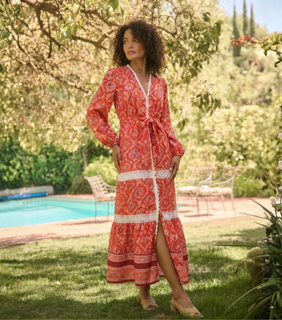 Red Ethnic Geometric Lace Trim Bubble Sleeve Maxi Dress