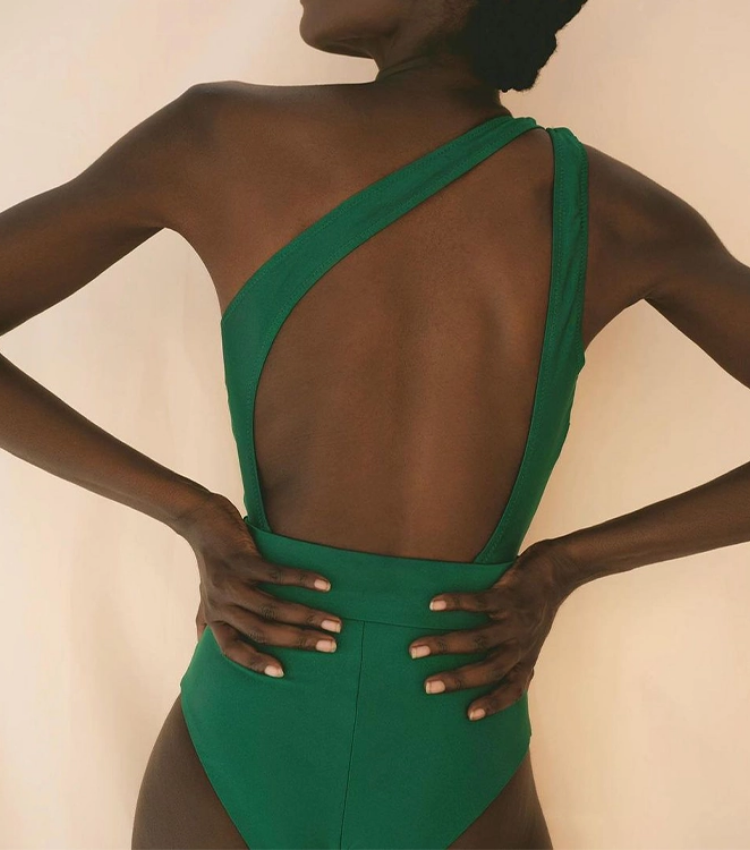 Flaxmaker Emerald Lconic One Shoulder Cut Out Belt One Piece Swimsuit and Sarong