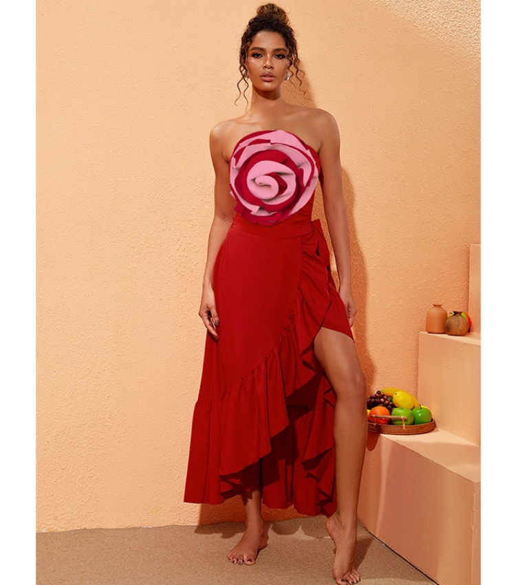 Exaggerated 3D Flower Decor Swimsuit and Skirt Flaxmaker