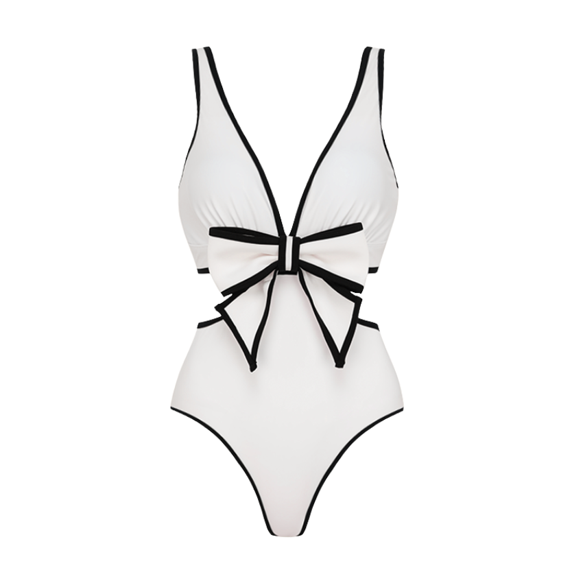 3D Bow Decor Black and White One Piece Swimsuit and Skirt