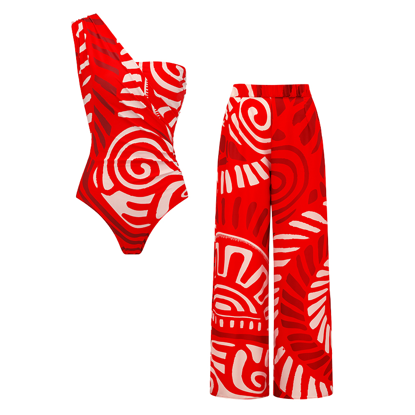 One Shoulder Red Retro Print Swimsuit Set(s)