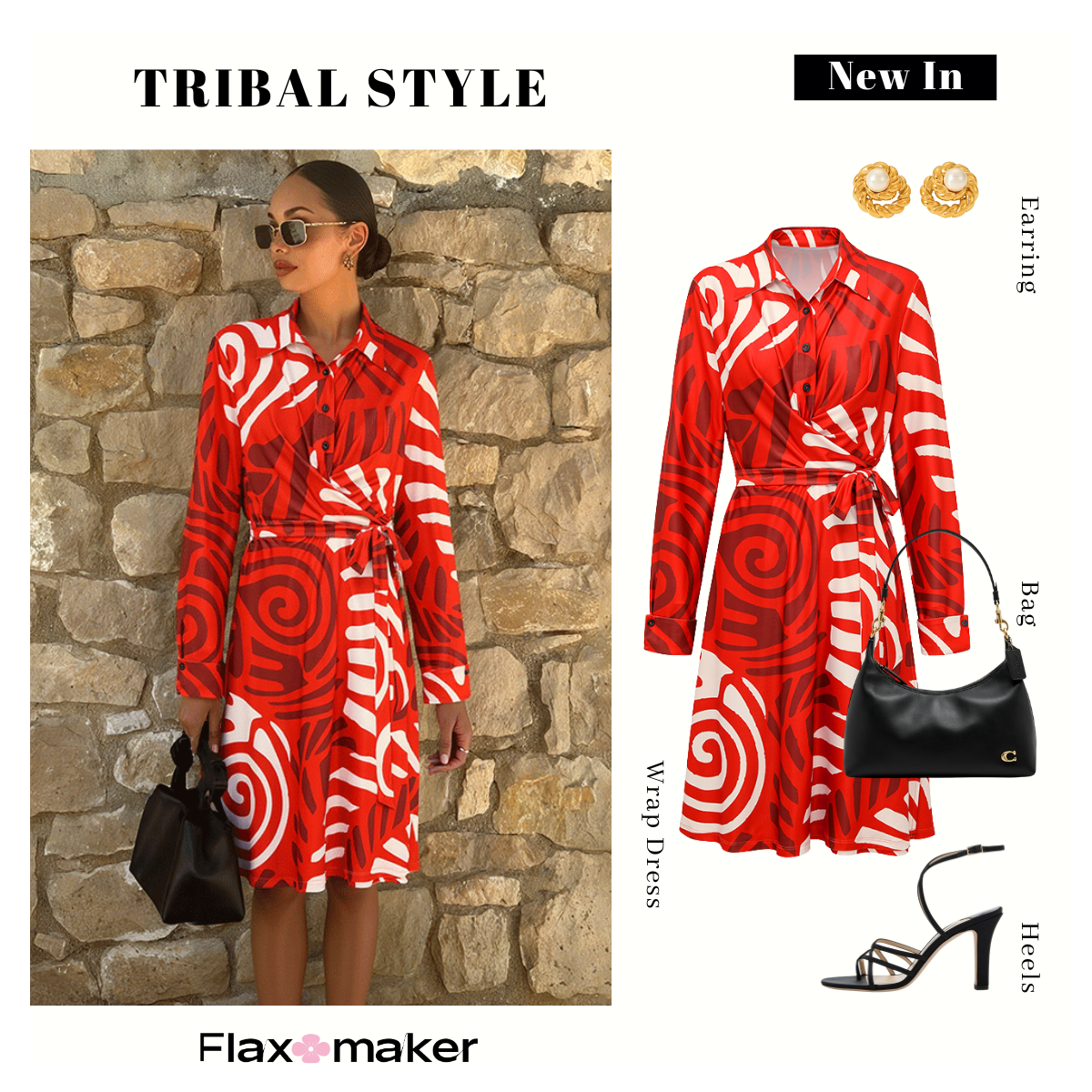 Red Retro Print Wrap Dress