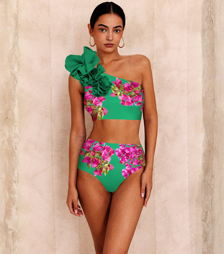Pink Bougainvillea Flower Printed Bikini Swimsuit and Skirt Flaxmaker