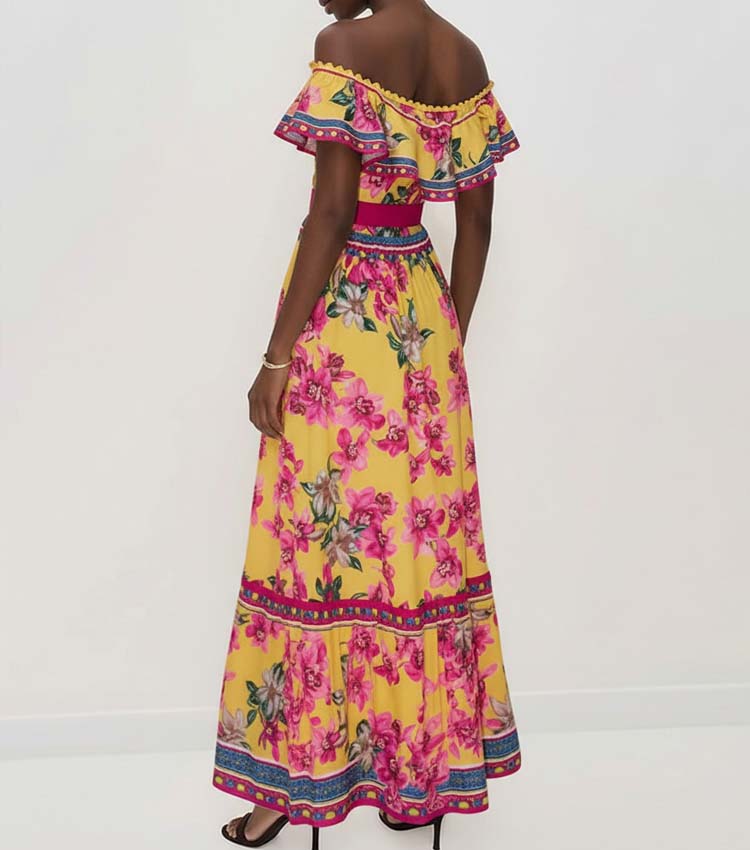 Bandeau Ruffled Orchid Print One Piece Swimsuit and Skirt