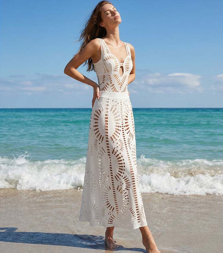 Laser White Hollow Out One Piece Swimsuit and Skirt