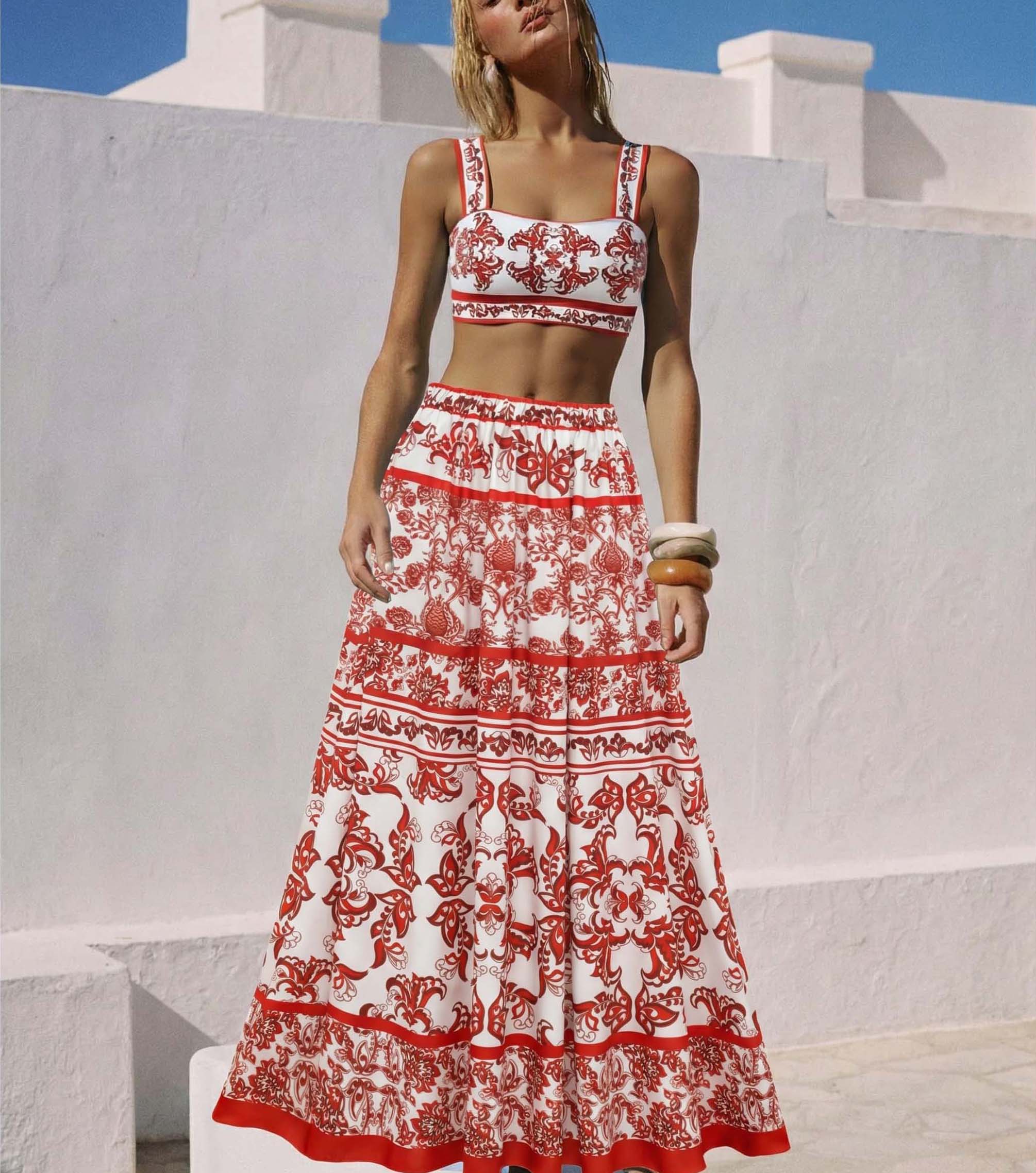 Red Flower Totem Pattern Print Bikini and Skirt