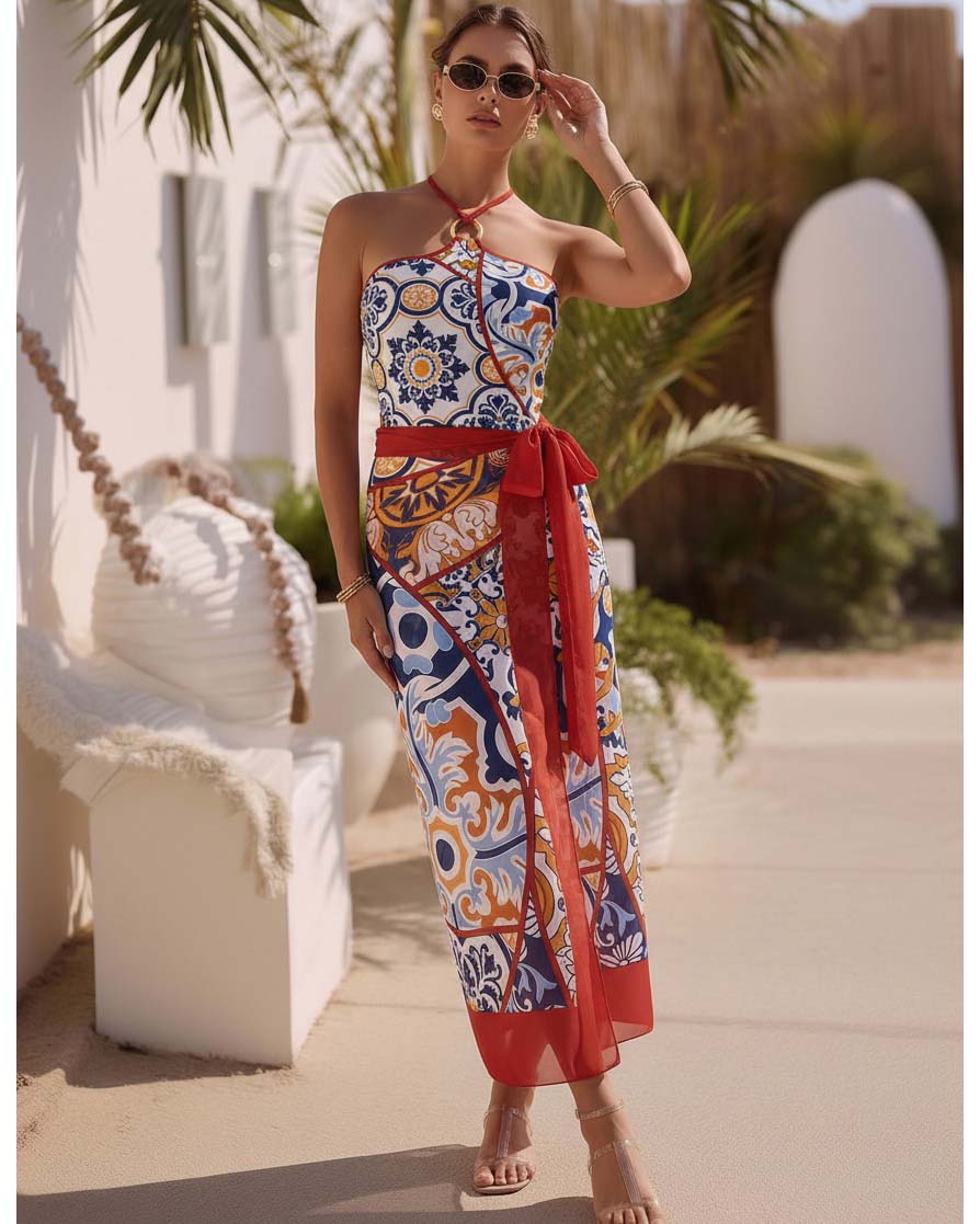 Printed Halter One Piece Swimsuit and Sarong Flaxmaker