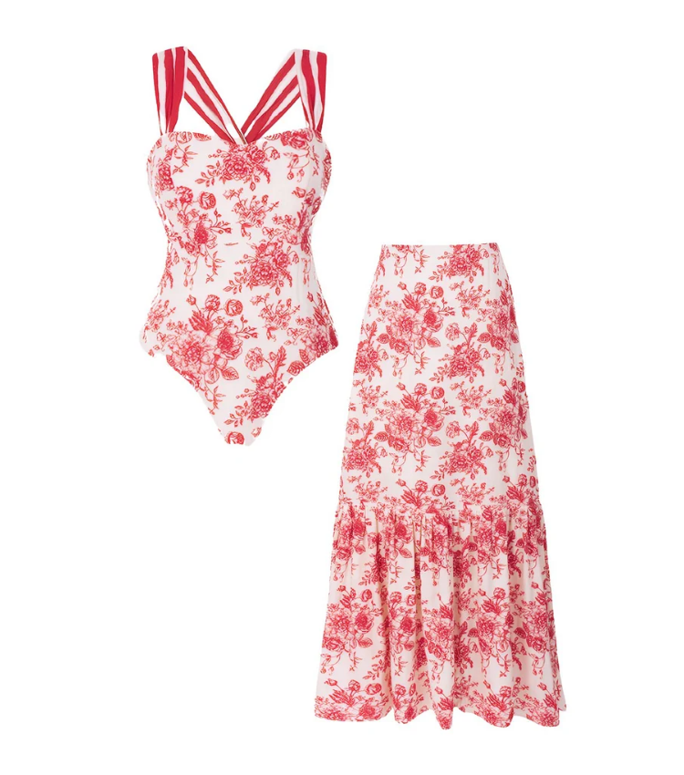 Cross Straps Printed One Piece Swimsuit and Skirt