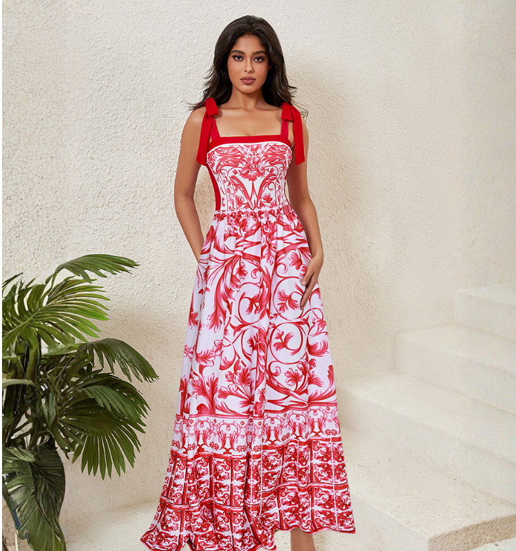 Reversible Tie-shoulder Baroco Style Printed One Piece Swimsuit and Skirt Flaxmaker