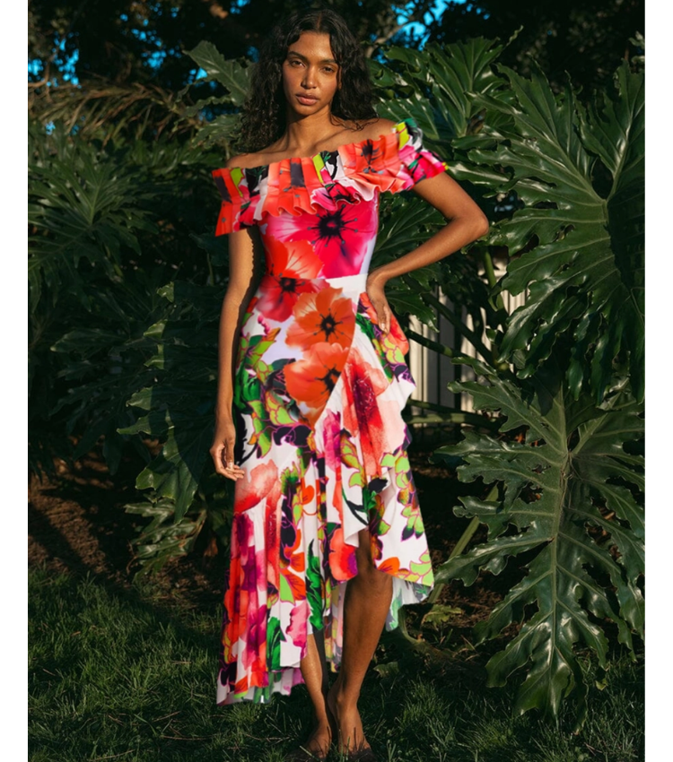 Off Shoulder Ruffled Printed One Piece Swimsuit and Skirt Flaxmaker