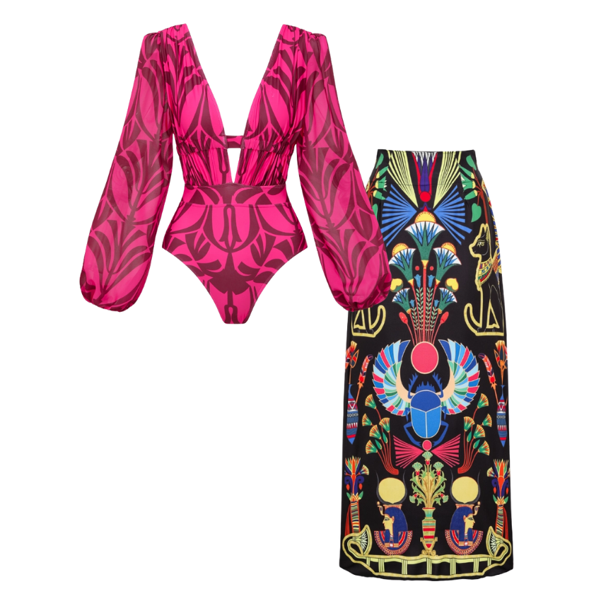 Rose Red Pattern Print Long-sleeved One Piece Swimsuit and Skirt