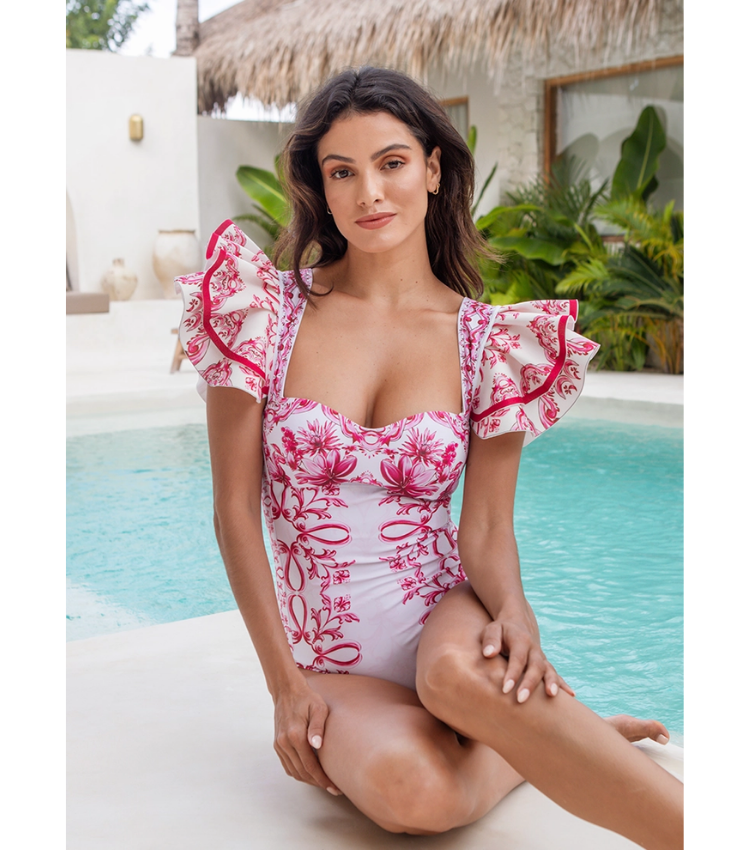 Ruffle Cut Out Lily and Majolica Series Pattern Print One Piece Swimsuit and Skirt or Pants
