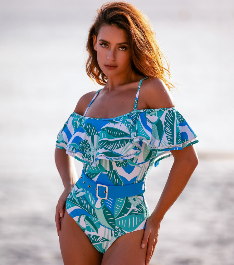 Off  Shoulder Ruffled Printed One Piece Swimsuit and Skirt