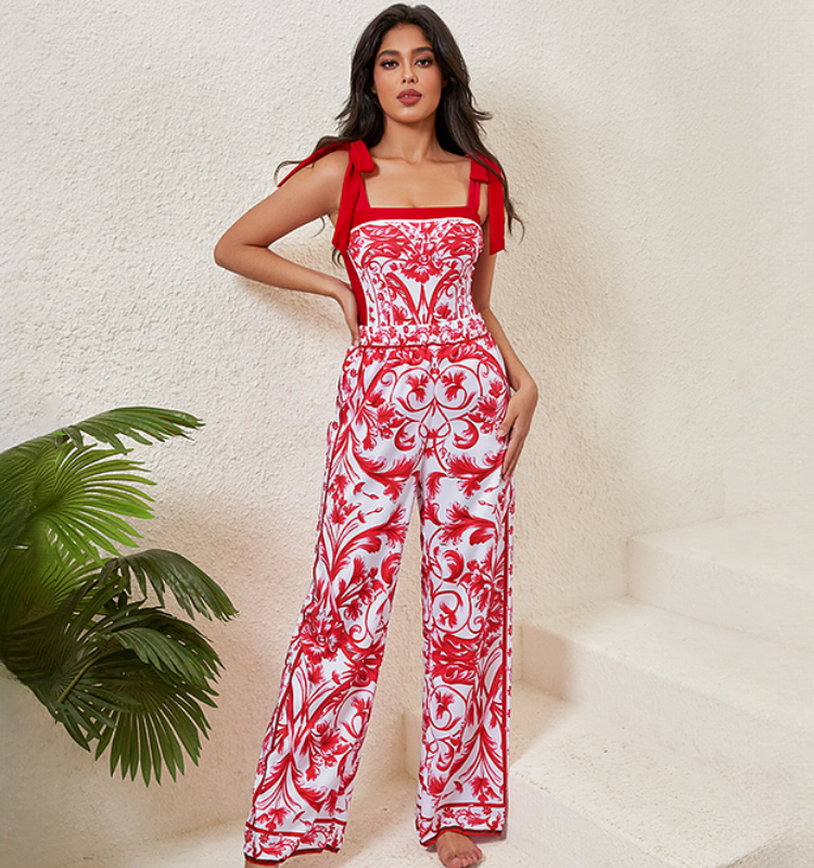 Reversible Tie-shoulder Baroco Style Printed One Piece Swimsuit and Skirt Flaxmaker