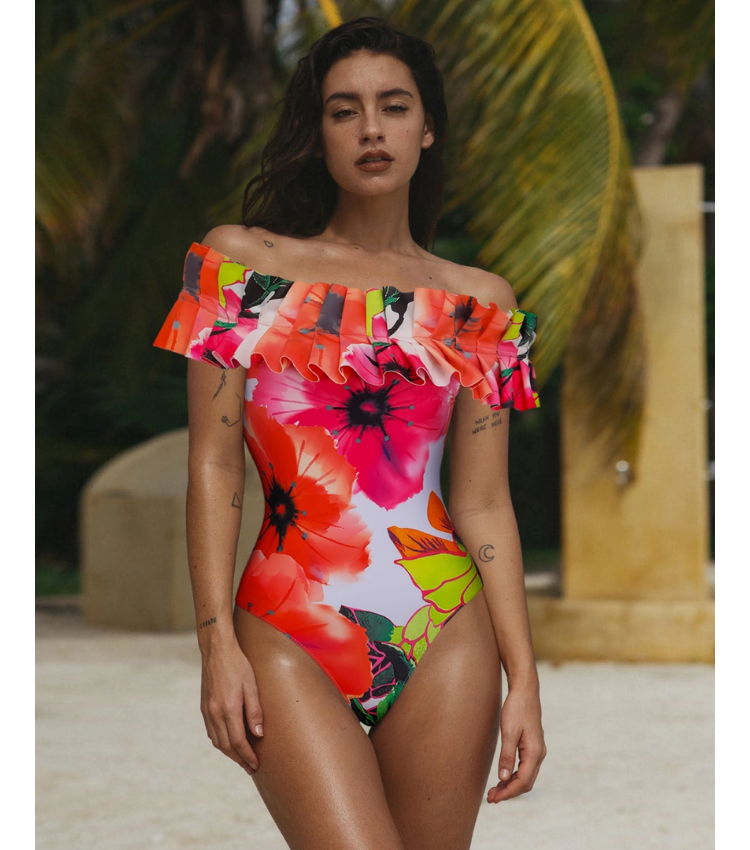 Off Shoulder Ruffled Printed One Piece Swimsuit and Skirt Flaxmaker