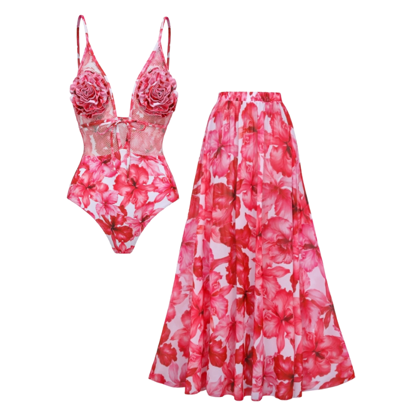 Deep V 3D Flower Decor Mesh Splicing Printed One Piece Swimsuit and Skirt