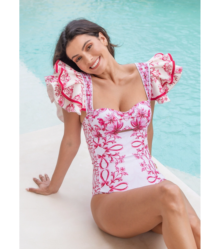 Ruffle Cut Out Lily and Majolica Series Pattern Print One Piece Swimsuit and Skirt or Pants