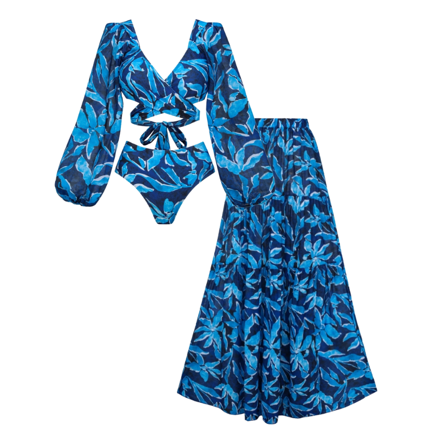 Long-sleeved Back-Tie Design Printed Bikini Swimsuit and Skirt