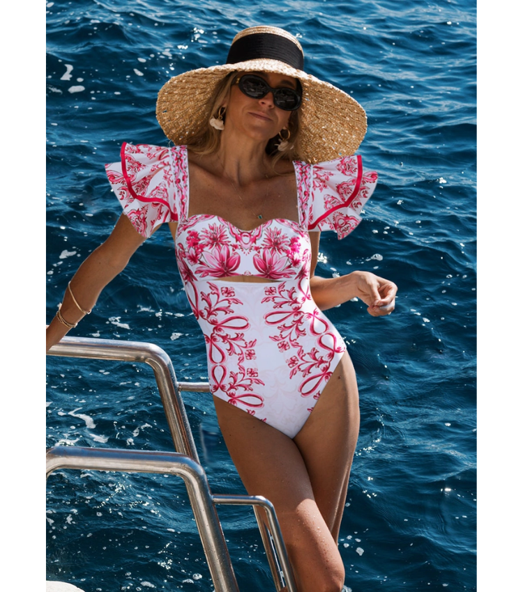 Ruffle Cut Out Lily and Majolica Series Pattern Print One Piece Swimsuit and Skirt or Pants