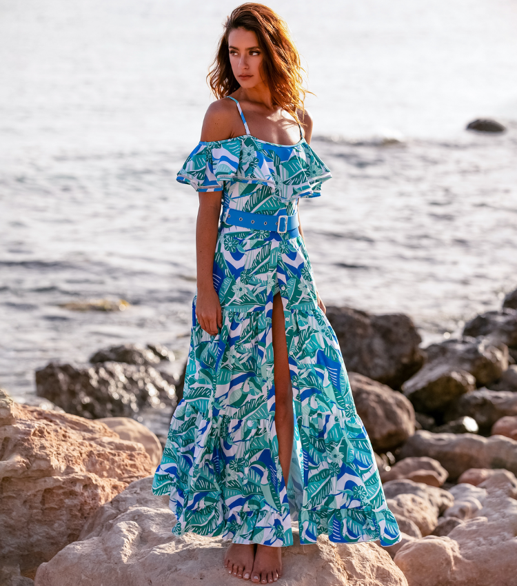 Off  Shoulder Ruffled Printed One Piece Swimsuit and Skirt