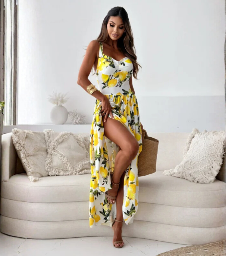 Sling Backless Printed Slit Dress