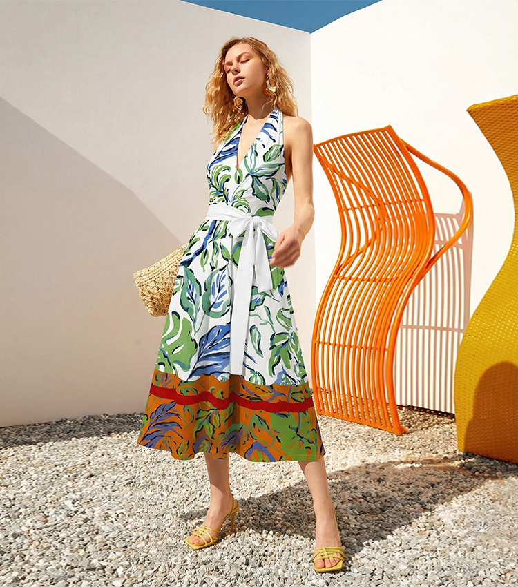 Printed Backless Wrap  Dress