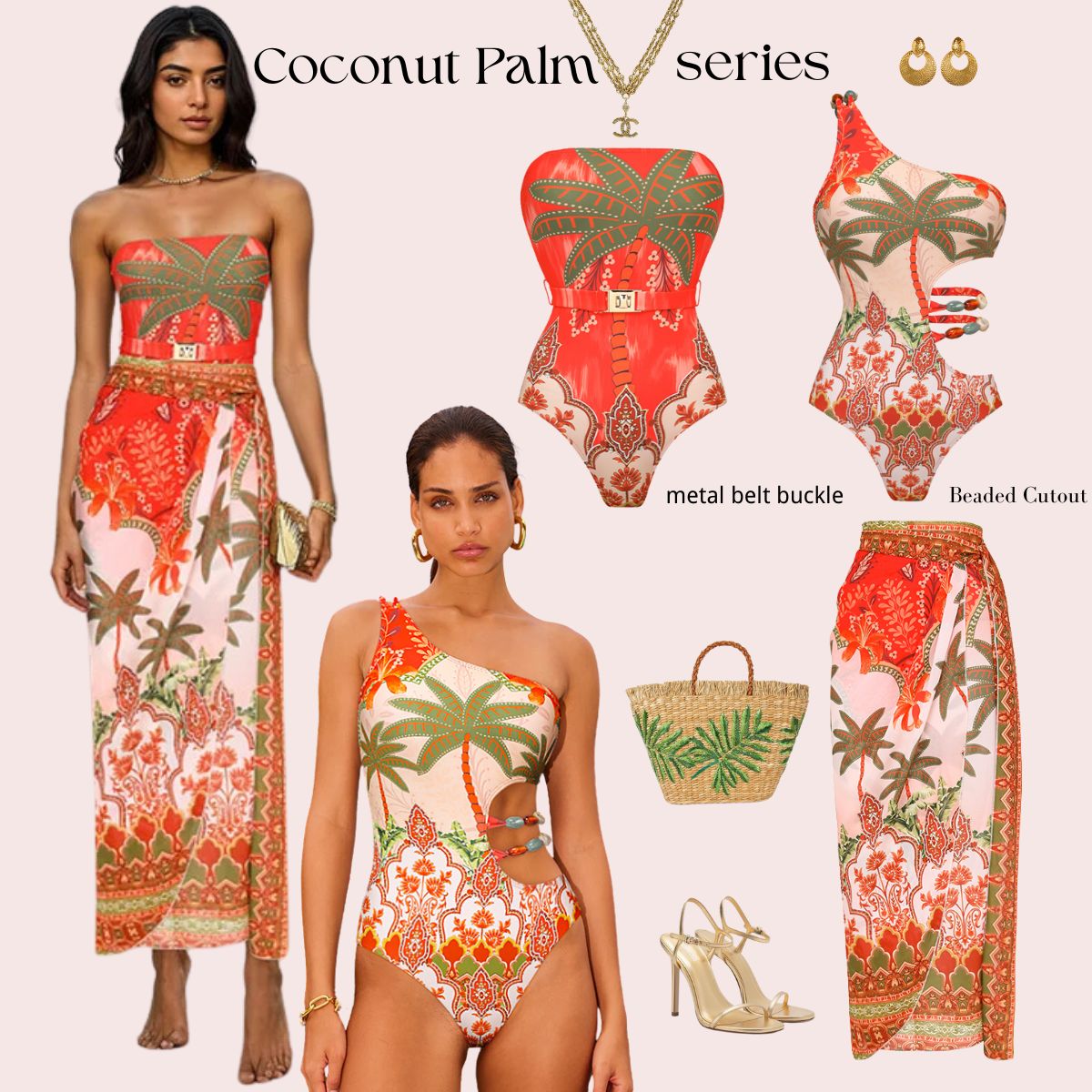 Beaded Cutout One Shoulder Coconut Palm Print One Piece Swimsuit and Skirt