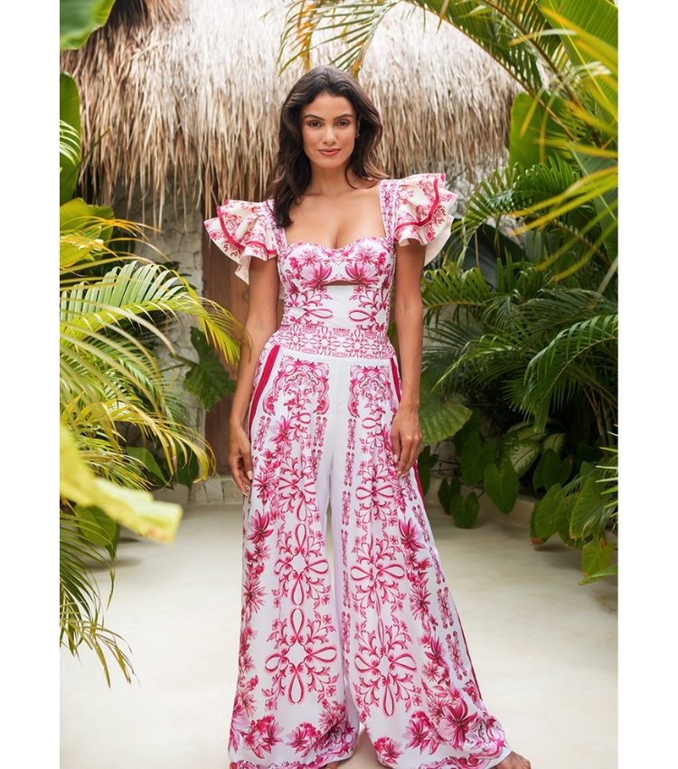 Ruffle Cut Out Lily and Majolica Series Pattern Print One Piece Swimsuit and Skirt or Pants