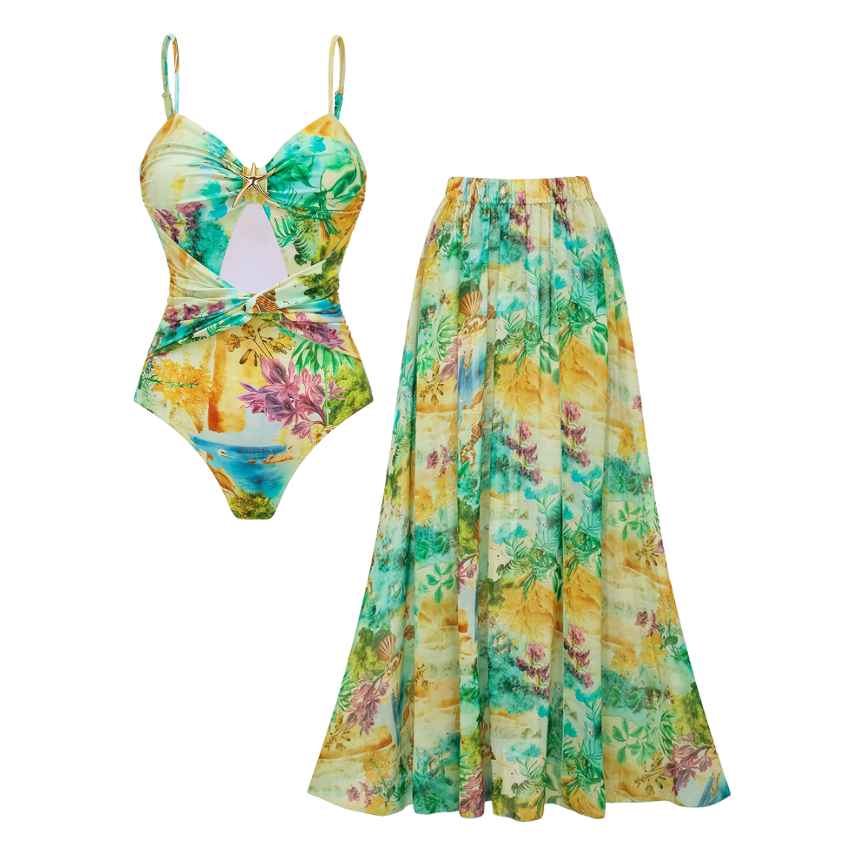 Landscape Prints Hollow One Piece Swimsuit and Skirt